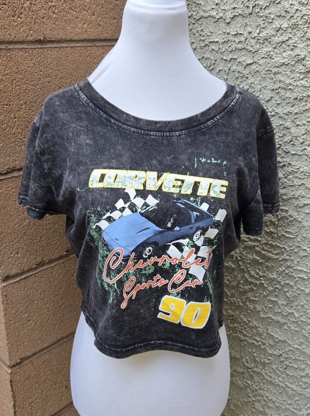 Chemistry Black Graphic Corvette Crop Top with Blue Car